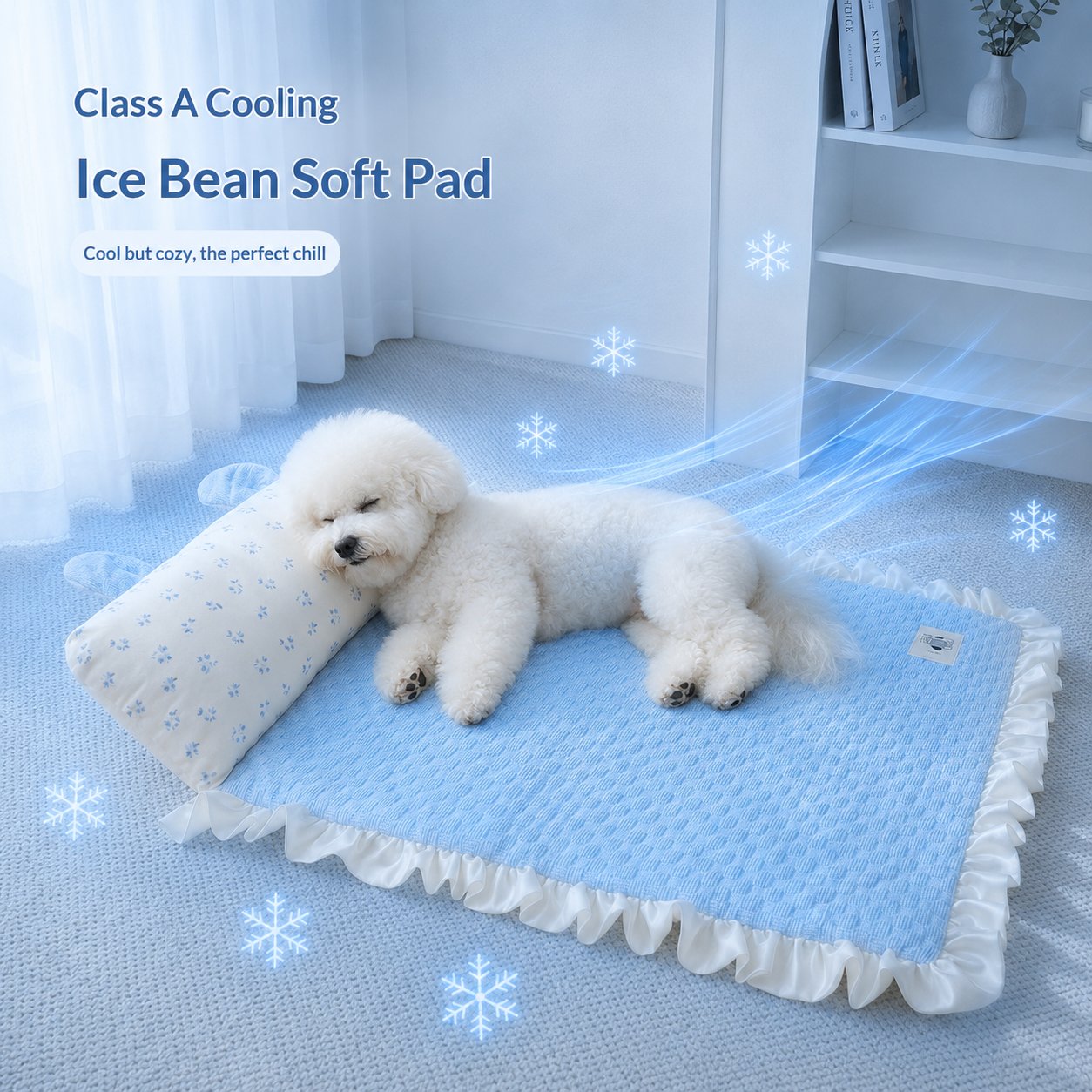 Fluffy dog peacefully sleeping on Baby Blue cooling mat