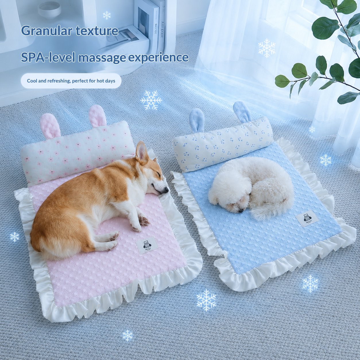 Corgi and poodle sleeping on cooling mats